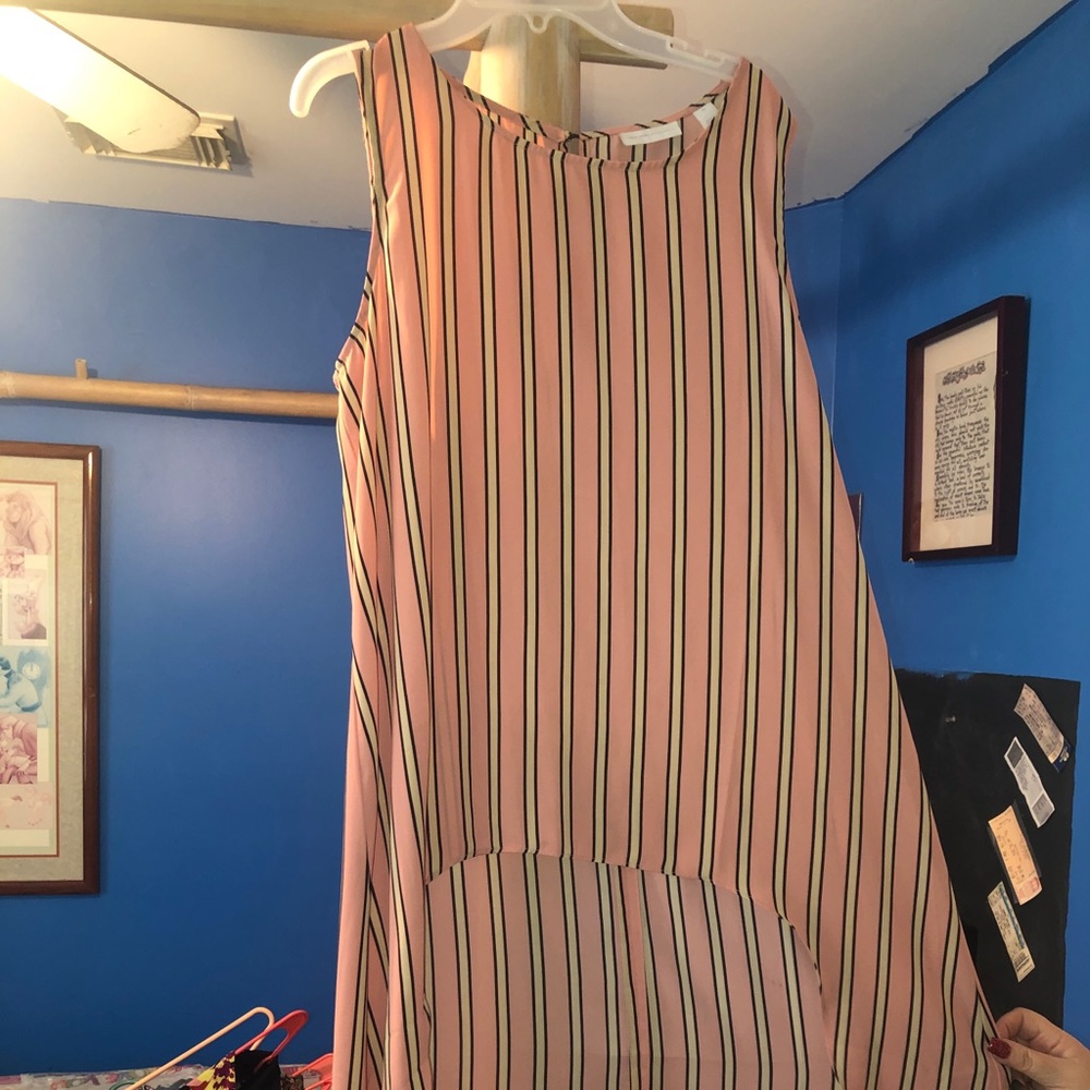 Striped pink dress with black and white stripes